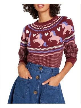 Modcloth Unicorn Hearts Fairisle 100% Cotton Whimsical Sweater Size Large